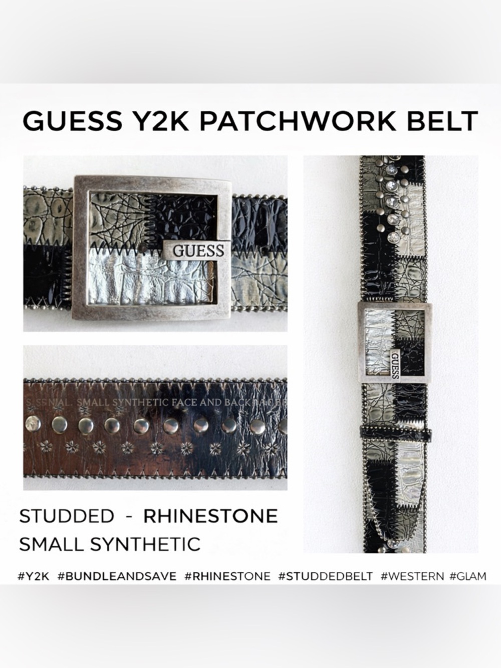 GUESS Y2K Studded Rhinestone Patchwork Belt Black Silver Small Western Glam